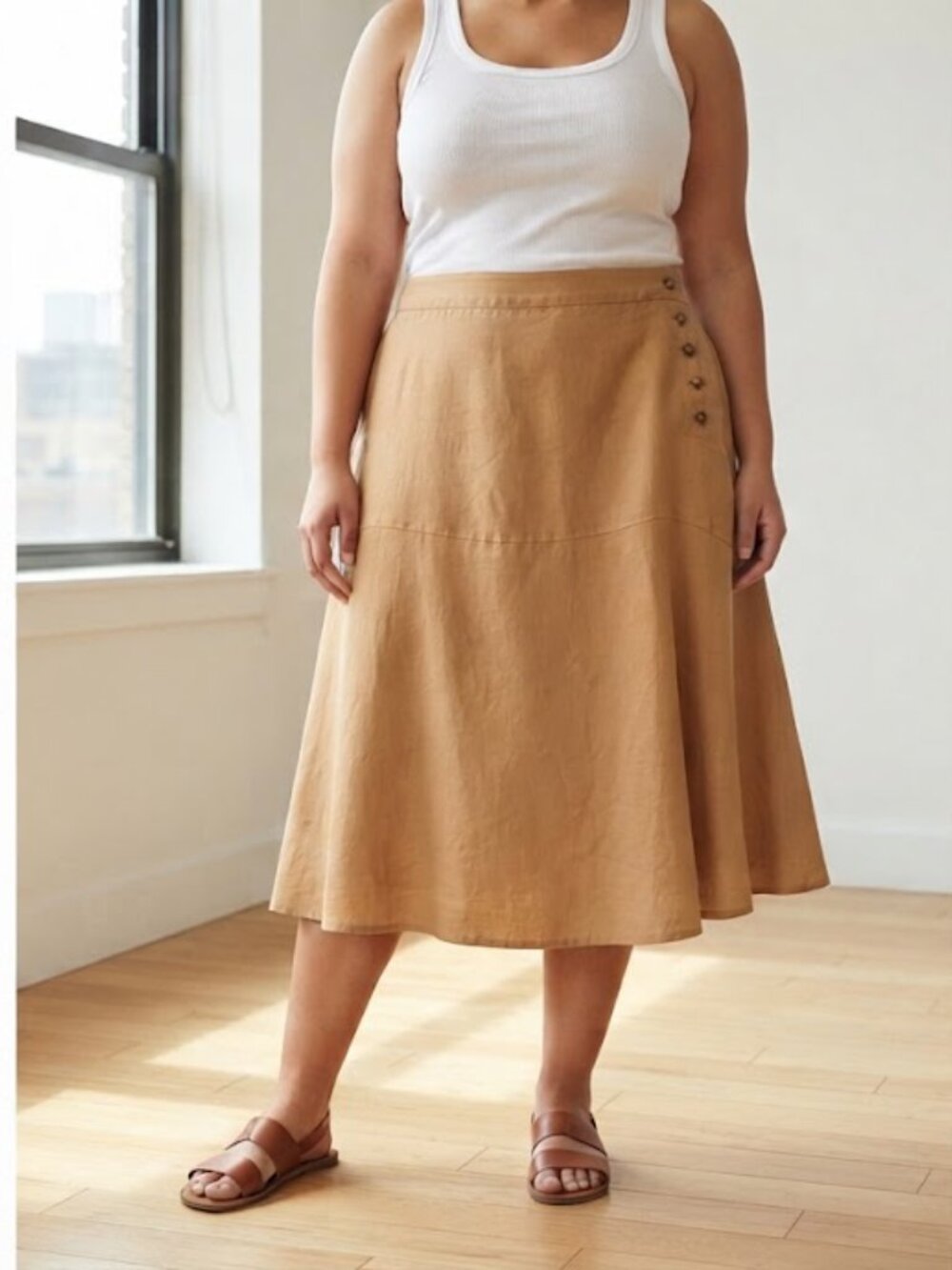 Olsen 100% Linen Midi Skirt with Cotton Lining Size XL Camel Tan Elastic Waist